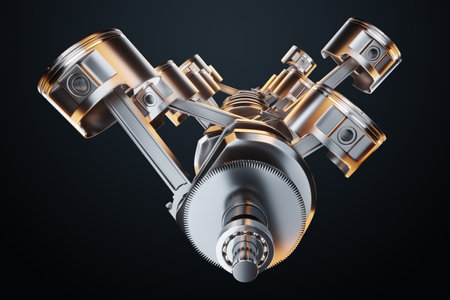 Pistons, connecting rods and crankshaft of an internal combustion engine on a black background. Concept art, engine operation, V-12, repair, engine, car. 3D rendering, 3D illustrationの写真素材