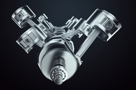 Pistons, connecting rods and crankshaft of an internal combustion engine on a black background. Concept art, engine operation, V-12, repair, engine, car. 3D rendering, 3D illustrationの写真素材