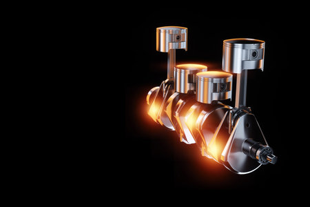 Pistons, connecting rods and crankshaft of an internal combustion engine on a black background. Concept art, engine operation, V-12, repair, engine, car. 3D rendering, 3D illustrationの写真素材
