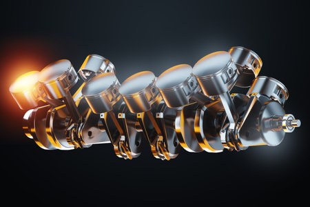 Pistons, connecting rods and crankshaft of an internal combustion engine on a black background. Concept art, engine operation, V-12, repair, engine, car. 3D rendering, 3D illustrationの写真素材