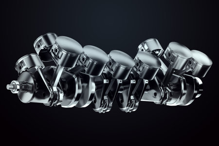 Pistons, connecting rods and crankshaft of an internal combustion engine on a black background. Concept art, engine operation, V-12, repair, engine, car. 3D rendering, 3D illustrationの写真素材