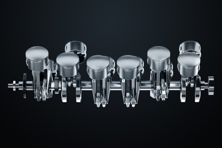Pistons, connecting rods and crankshaft of an internal combustion engine on a black background. Concept art, engine operation, V-12, repair, engine, car. 3D rendering, 3D illustrationの写真素材