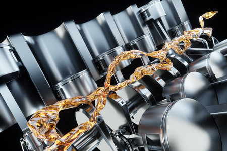 engine oil, lubrication. Pistons, connecting rods and crankshaft of an internal combustion engine. work, V-12, repair, car. 3D rendering, 3D illustrationの写真素材