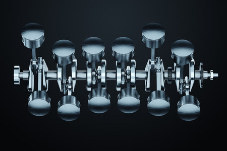 Pistons, connecting rods and crankshaft of an internal combustion engine on a black background. Concept art, engine operation, V-12, repair, engine, car. 3D rendering, 3D illustrationの写真素材