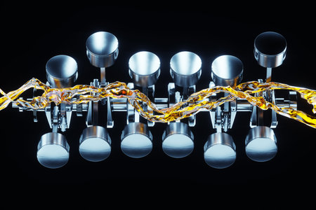 engine oil, lubrication. Pistons, connecting rods and crankshaft of an internal combustion engine. work, V-12, repair, car. 3D rendering, 3D illustrationの写真素材