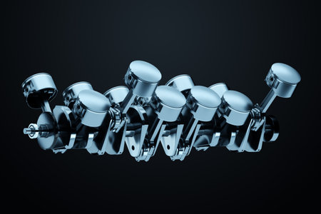 Pistons, connecting rods and crankshaft of an internal combustion engine on a black background. Concept art, engine operation, V-12, repair, engine, car. 3D rendering, 3D illustrationの写真素材