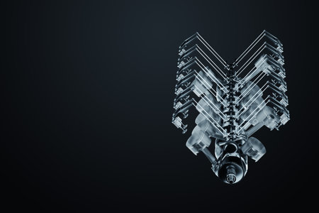B12 internal combustion engine, fuel ignition, engine operation principle. Pistons, connecting rods and crankshaft, Candles, fuel inlet. Repair, car. 3D rendering, 3D illustrationの写真素材