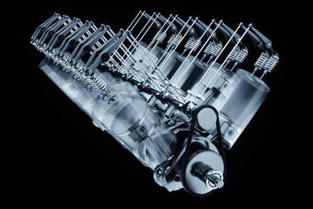 B12 internal combustion engine, fuel ignition, engine operation principle. Pistons, connecting rods and crankshaft, Candles, fuel inlet. Repair, car. 3D rendering, 3D illustrationの写真素材