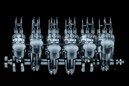 Pistons, connecting rods and crankshaft of an internal combustion engine on a black background. Concept art, engine operation, V-12, repair, engine, car. 3D rendering, 3D illustrationの写真素材