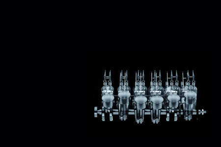Pistons, connecting rods and crankshaft of an internal combustion engine on a black background. Concept art, engine operation, V-12, repair, engine, car. 3D rendering, 3D illustrationの写真素材