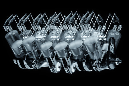 B12 internal combustion engine, fuel ignition, engine operation principle. Pistons, connecting rods and crankshaft, Candles, fuel inlet. Repair, car. 3D rendering, 3D illustrationの写真素材