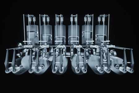 B12 internal combustion engine, fuel ignition, engine operation principle. Pistons, connecting rods and crankshaft, Candles, fuel inlet. Repair, car. 3D rendering, 3D illustrationの写真素材