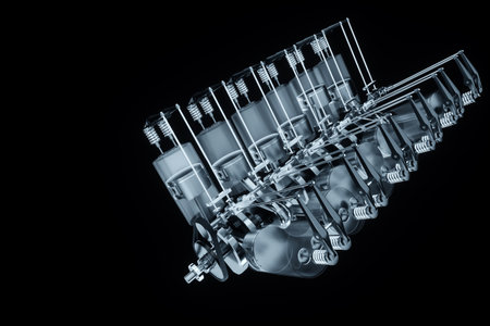 B12 internal combustion engine, fuel ignition, engine operation principle. Pistons, connecting rods and crankshaft, Candles, fuel inlet. Repair, car. 3D rendering, 3D illustrationの写真素材