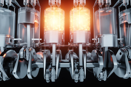 Fire in the engine cylinder, fuel ignition, the principle of operation of the internal combustion engine. Pistons, connecting rods and crankshaft. B-12, repair, car. 3D rendering, 3D illustrationの写真素材
