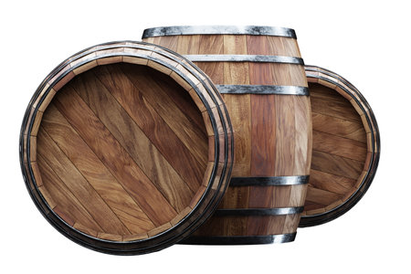 Wooden barrels for wine on a white background. Winemaking, wine. The concept of the production of alcoholic beverages. 3D rendering, 3D illustrationの写真素材