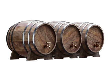 Wooden barrels for wine on a white background. Winemaking, wine. The concept of the production of alcoholic beverages. 3D rendering, 3D illustrationの写真素材