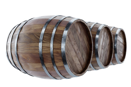 Wooden barrels for whiskey on a white background. 3D rendering, 3D illustrationの写真素材