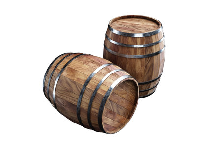 Wooden barrels for wine on a white background. Winemaking, wine. The concept of the production of alcoholic beverages. 3D rendering, 3D illustrationの写真素材