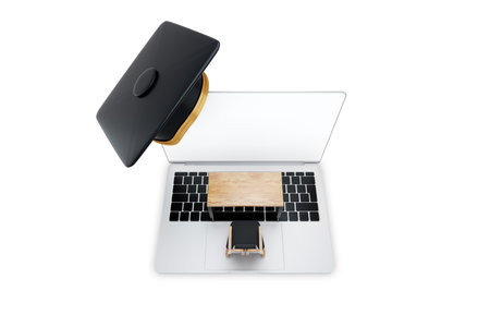 Creative image, online education concept, laptop study desk and graduation cap. 3D rendering, 3D illustrationの写真素材