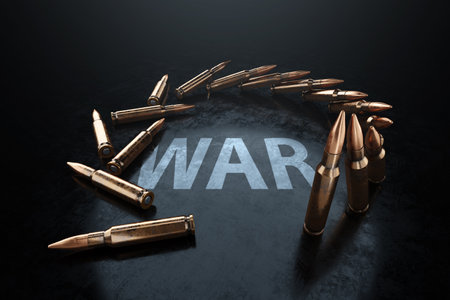 The inscription War and Bullets, cartridges on a dark background. The concept of war, combat clash, armed conflict. cartridges for a rifle. 3D illustration, 3D renderingの写真素材