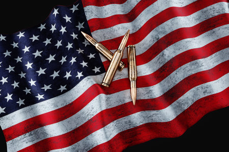 Bullets, cartridges on the background of the American flag. The concept of war, combat clash, armed conflict, Land Lease. cartridges for a rifle. 3D illustration, 3D renderingの写真素材