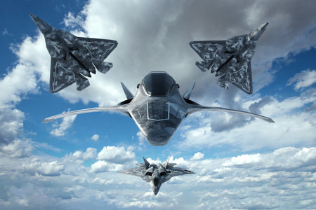 3D render of a Modern Combat 5th or 6th generation fighter aircraft against a blue sky. Combat aviation, Air Force, new technologies, photorealistic graphics, mixed mediaの写真素材