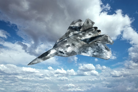 3D render of a Modern Combat 5th or 6th generation fighter aircraft against a blue sky. Combat aviation, Air Force, new technologies, photorealistic graphics, mixed mediaの写真素材