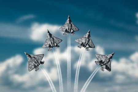 3D render of a Modern Combat 5th or 6th generation fighter aircraft against a blue sky. Combat aviation, Air Force, new technologies, photorealistic graphics, mixed mediaの写真素材