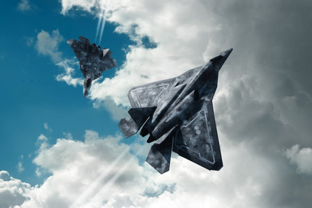 3D render of a Modern Combat 5th or 6th generation fighter aircraft against a blue sky. Combat...