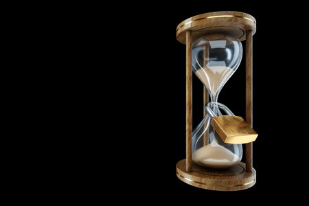 lock hangs on the Classic Hourglass. Prison concept, life sentence, time stolen. 3D illustration, 3D...