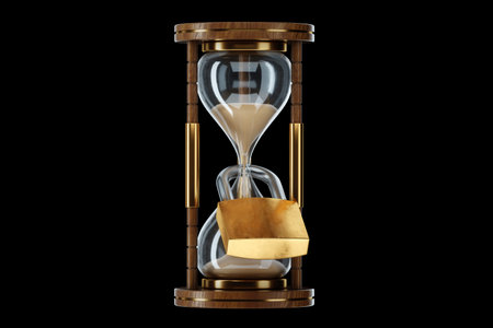 lock hangs on the Classic Hourglass. Prison concept, life sentence, time stolen. 3D illustration, 3D...