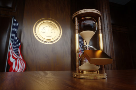 lock hangs on the Classic Hourglass. Prison concept, life sentence, time stolen. 3D illustration, 3D renderingの写真素材