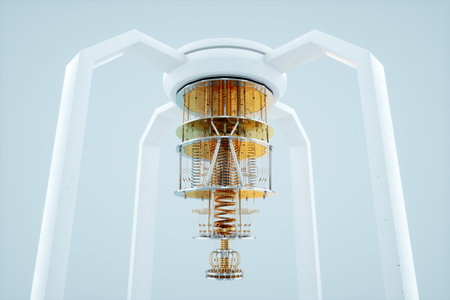 Quantum computer, gold silver mechanism isolated on white background. Mechanism, quantum computing, quantum cryptography, steampunk, Q bits, parallel computing. 3D illustration, 3D renderingの写真素材