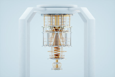 Quantum computer, gold silver mechanism isolated on white background. Mechanism, quantum computing, quantum cryptography, steampunk, Q bits, parallel computing. 3D illustration, 3D renderingの写真素材