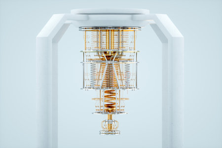 Quantum computer, gold silver mechanism isolated on white background. Mechanism, quantum computing, quantum cryptography, steampunk, Q bits, parallel computing. 3D illustration, 3D renderingの写真素材