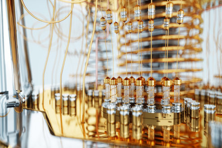 Quantum computer, gold silver mechanism close-up, soft focus. Mechanism, quantum computing, quantum cryptography, steampunk, Q bits, parallel computing. 3D illustration, 3D renderingの写真素材