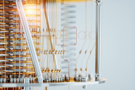 Quantum computer, gold silver mechanism close-up, soft focus. Mechanism, quantum computing, quantum cryptography, steampunk, Q bits, parallel computing. 3D illustration, 3D renderingの写真素材