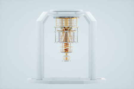 Quantum computer, gold silver mechanism isolated on white background. Mechanism, quantum computing, quantum cryptography, steampunk, Q bits, parallel computing. 3D illustration, 3D renderingの写真素材