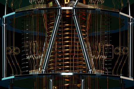 Quantum computer isolated on black. Golden gear, quantum computing, quantum cryptography, steampunk, Q bits, parallel computing. 3D illustration, 3D renderingの写真素材
