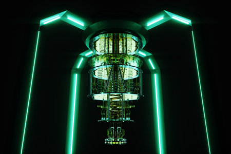 Quantum computer isolated on black. Golden gear, quantum computing, quantum cryptography, steampunk, Q bits, parallel computing. 3D illustration, 3D renderingの写真素材