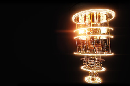 Quantum computer isolated on black. Golden gear, quantum computing, quantum cryptography, steampunk, Q bits, parallel computing. 3D illustration, 3D renderingの写真素材