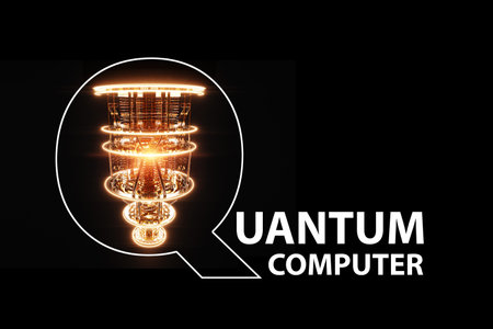 Lettering Quantum computer and gold silver mechanism isolated on black. mechanism, quantum computing, quantum cryptography, steampunk, Q bits, parallel computing. 3D illustration, 3D renderingの写真素材