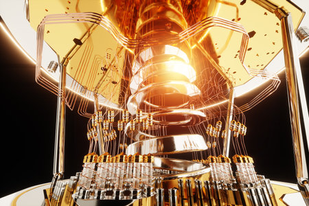 Quantum computer, gold silver mechanism close-up, soft focus. Mechanism, quantum computing, quantum cryptography, steampunk, Q bits, parallel computing. 3D illustration, 3D renderingの写真素材