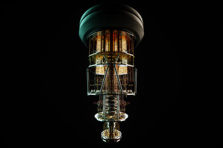 Quantum computer isolated on black. Golden gear, quantum computing, quantum cryptography, steampunk, Q bits, parallel computing. 3D illustration, 3D renderingの写真素材