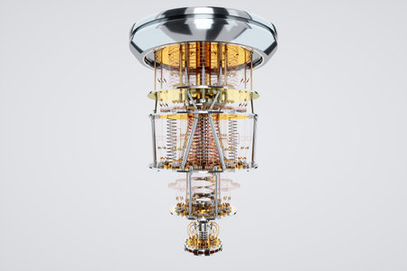 Quantum computer, gold silver mechanism isolated on white background. Mechanism, quantum computing, quantum cryptography, steampunk, Q bits, parallel computing. 3D illustration, 3D renderingの写真素材