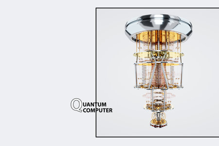 Quantum computer, gold silver mechanism isolated on white background. Mechanism, quantum computing, quantum cryptography, steampunk, Q bits, parallel computing. 3D illustration, 3D renderingの写真素材