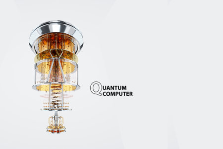 Quantum computer, gold silver mechanism isolated on white background. Mechanism, quantum computing, quantum cryptography, steampunk, Q bits, parallel computing. 3D illustration, 3D renderingの写真素材