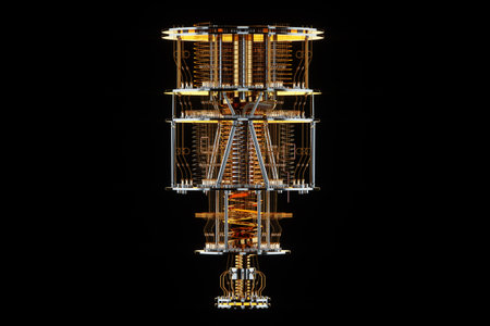 Quantum computer isolated on black. Golden gear, quantum computing, quantum cryptography, steampunk, Q bits, parallel computing. 3D illustration, 3D renderingの写真素材