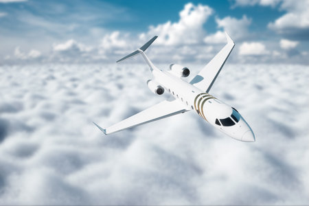 White private business jet flying in the sky, fluffy clouds. Business flights, private jet, luxury life, corporate travel, luxury travel. 3D illustration, 3D renderingの写真素材