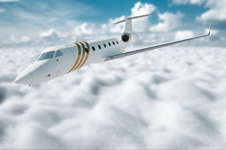 White private business jet flying in the sky, fluffy clouds. Business flights, private jet, luxury life, corporate travel, luxury travel. 3D illustration, 3D renderingの写真素材